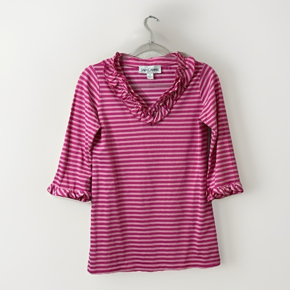 Sara Campbell Pink & White Striped Bell-Sleeve Top Ruffle Collar‎ Made In USA XS